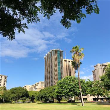 View of The Grand Islander resort from a park near Waikiki Beach in Oahu, Hawaii. 