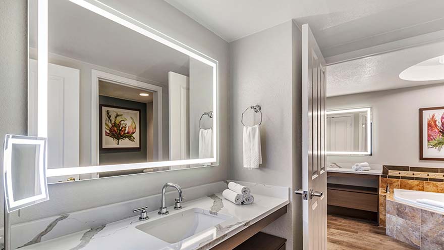 Bathroom in a one bedroom suite at Flamingo, a Hilton Grand Vacations Club