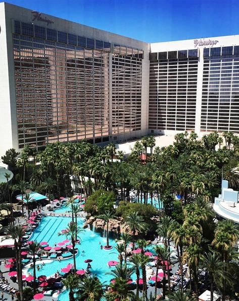 Balcony view of courtyard and pool at Flamingo, a Hilton Grand Vacations Club located at Las Vegas, Nevada.