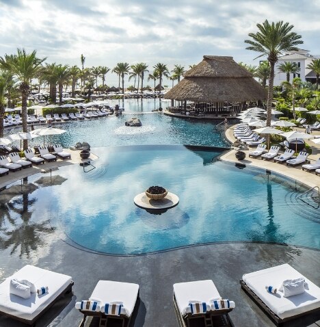 Pool surrounded by lounge chairs and palm trees at Cabo Azul, a Hilton Vacation Club.
