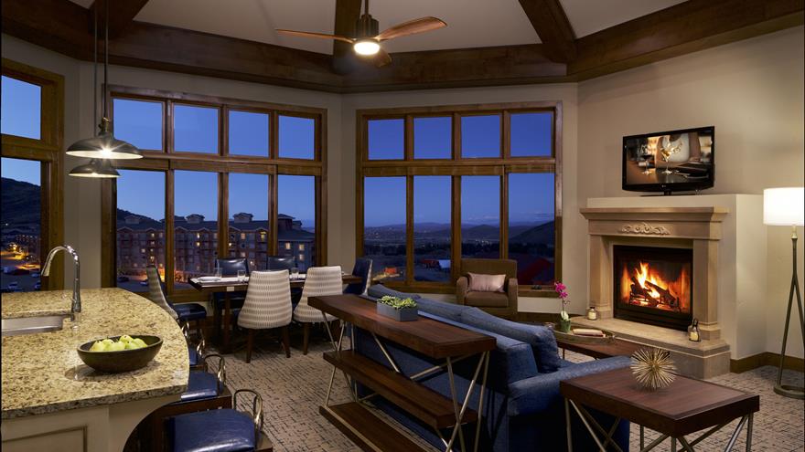 Living area in suite at Sunrise Lodge, a Hilton Grand Vacations Club located in Park City, Utah. 