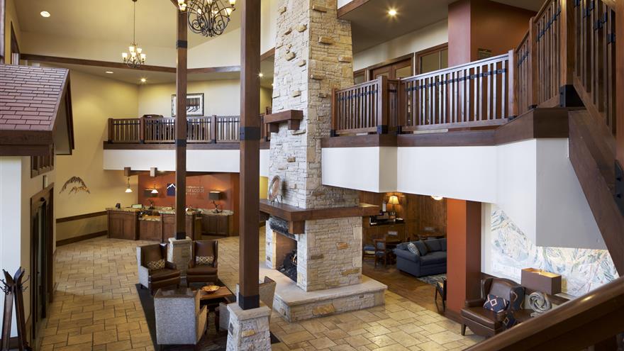 Overhead view of lobby with fireplace at Sunrise Lodge, a Hilton Grand Vacations Club located in Park City, Utah. 