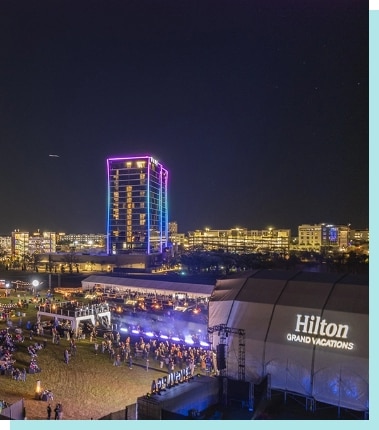 Overhead view of Hilton Grand Vacations outdoor party.