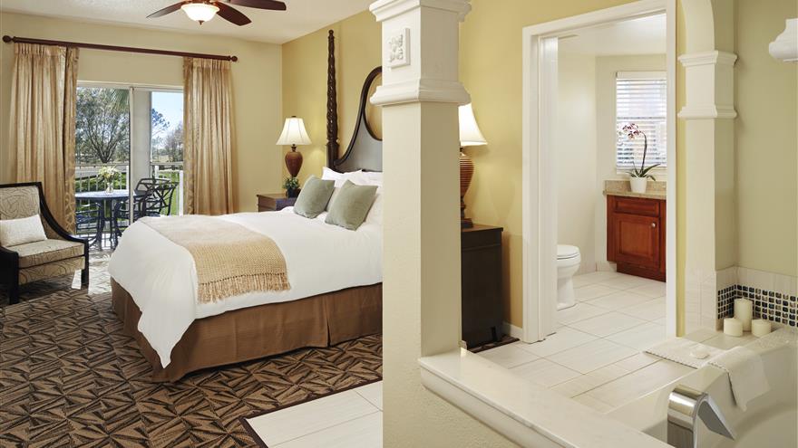 Bathroom and bedroom at SeaWorld® Orlando, a Hilton Grand Vacations Club located in Orlando, Florida.