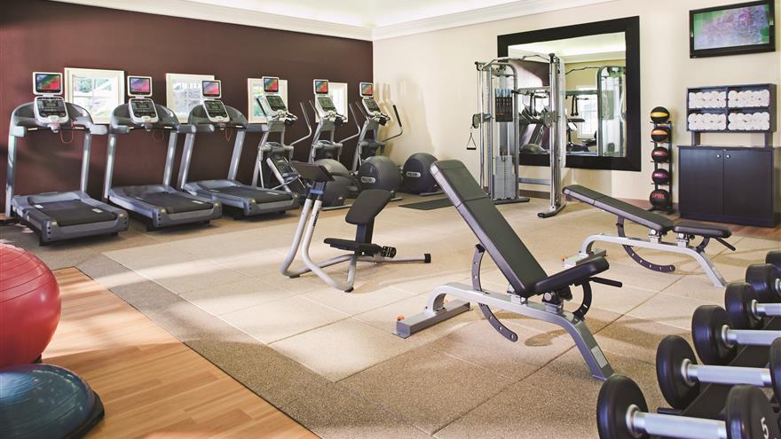 Benches, treadmils and yoga balls at the fitness center at SeaWorld® Orlando, a Hilton Grand Vacations Club located in Orlando, Florida.
