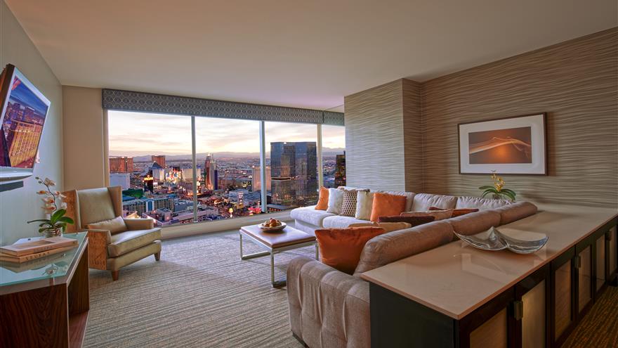 Living room of suite at Elara, a Hilton Grand Vacations Club located in Las Vegas, Nevada.