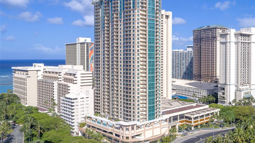 Exterior view of The Grand Islander, a Hilton Grand Vacations Club at Waikiki Beach in Oahu, Hawaii