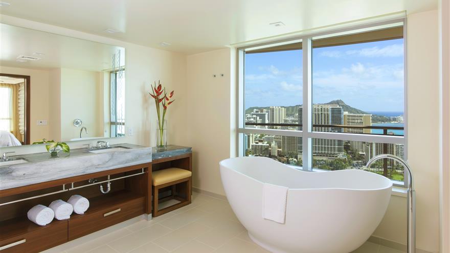 Bathroom in a suite at The Grand Islander, a Hilton Grand Vacations Club at Waikiki Beach in Oahu, Hawaii
