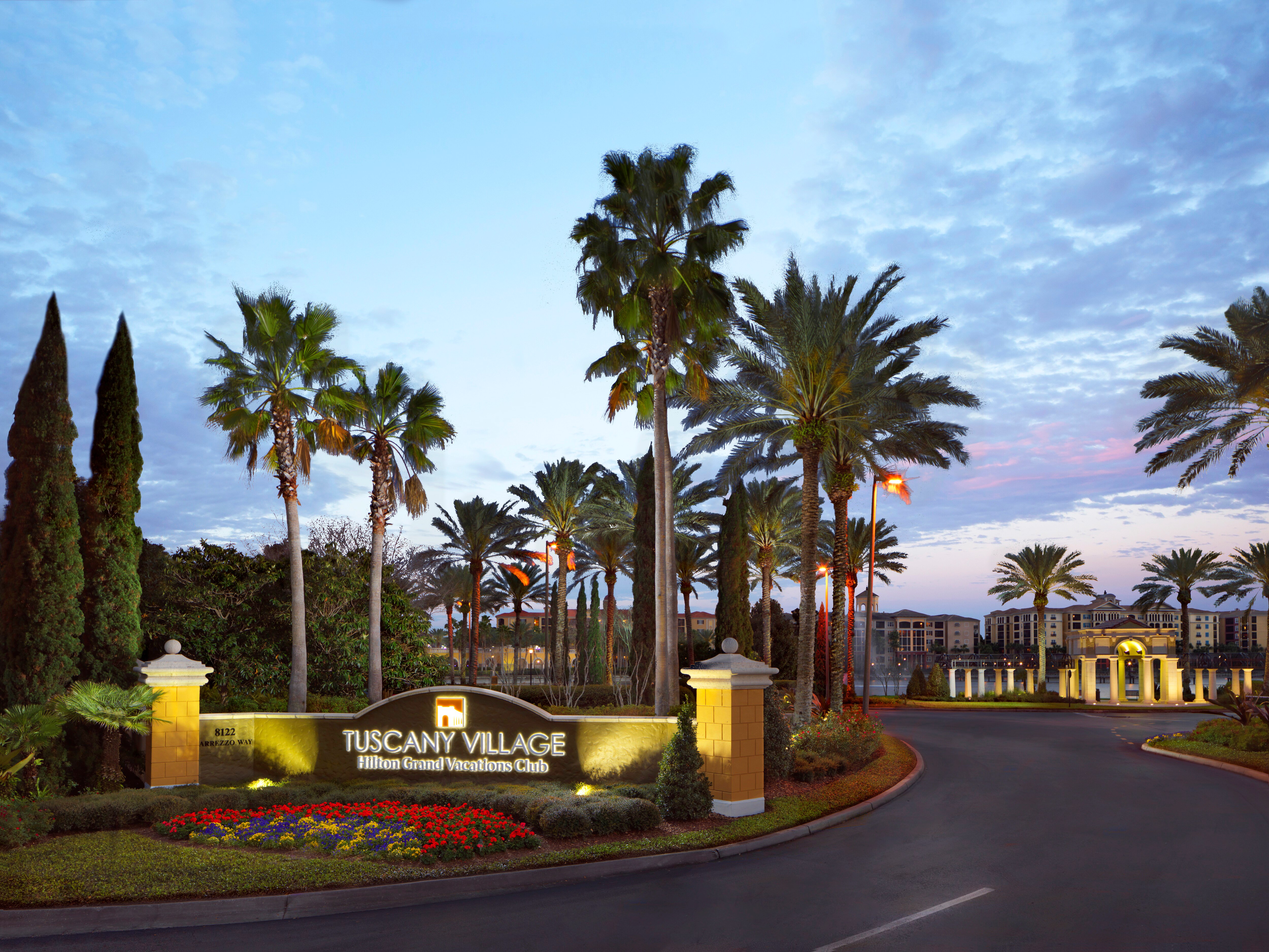 Hilton Grand Vacations Tuscany Village Orlando resort sign.