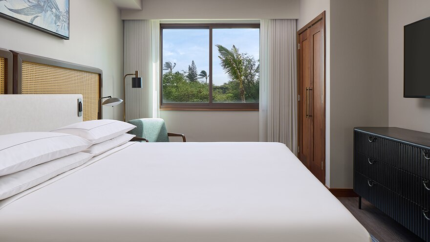 Bedroom in a single bedroom suite at Maui Bay Villas, a Hilton Grand Vacation Club at Maui, Hawaii. 
