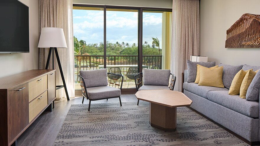 Living area at a suite at Maui Bay Villas, a Hilton Grand Vacation Club at Maui, Hawaii. 