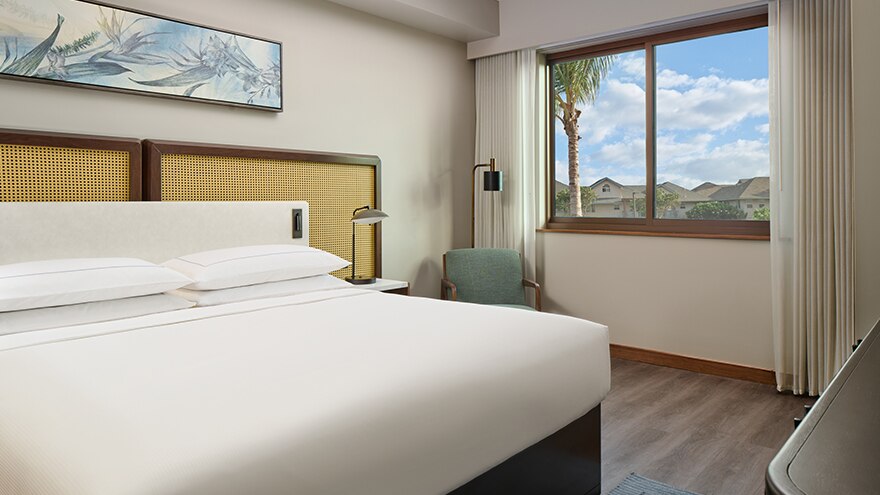 Bed in a suite at Maui Bay Villas, a Hilton Grand Vacations Club at Maui, Hawaii. 